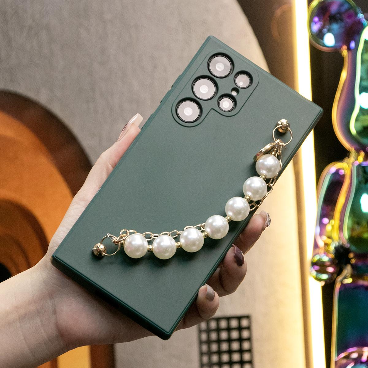 Silicone Matte Phone Case With Pearl Double Chain For Samsung S24 S23 S22 S21 Ultra Plus S24Plus S24Ultra Camera Protect Soft Cover S23 FE