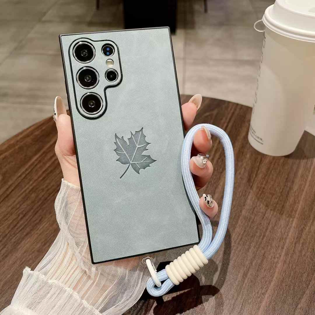 For Samsung S25Ultra S25Edge S24 S23 S22 S21 Note20 A16 A26 A36 A55 A56 Case With Weave Wristband, Maple Leaf Pattern Matte Suede Leather Shockproof Hard Phone Case