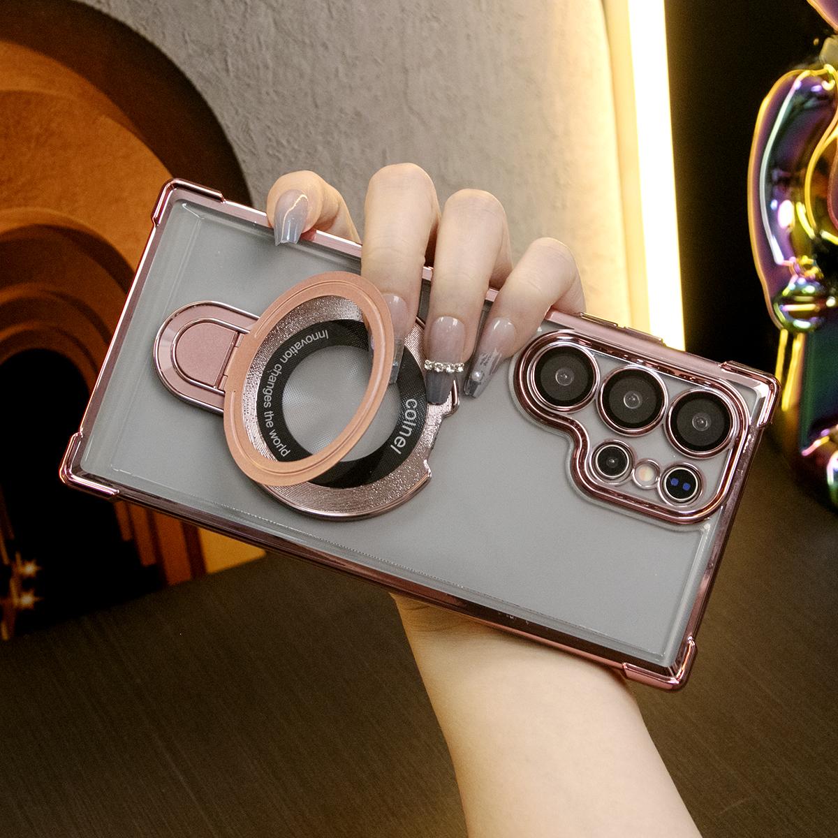 Luxury Plating Four Corners Shockproof Clear Case With Magnetic stand for Samsung Galaxy S24 S23 FE S22 Plus Transparent Hard Acrylic Hybrid Bumper Armor Cover