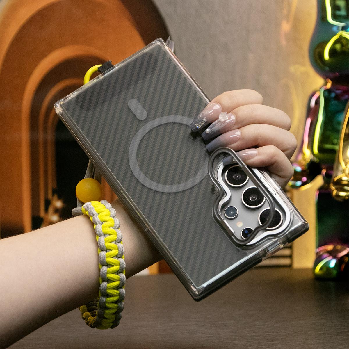 Magnetic Carbon Fiber Pattern Phone Case, Metal Hardware Camera Stand Acrylic Cover, With Adjustable Woven Strap, Anti-Fall Bumper For Samsung S24 S23 S21 Ultra FE A14 A15 A24 A25 A35 A54 A55 A05