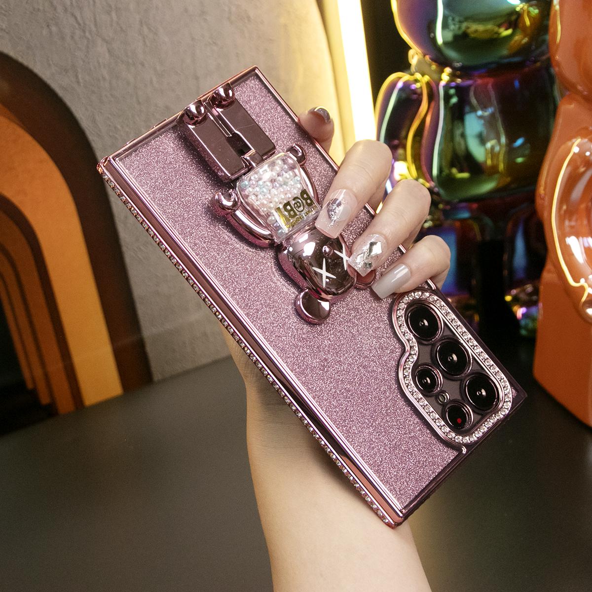 For Samsung S24 S23 S22 Plus Ultra Case, Clear Rhinestone Candy Bear Phone Holder, Glitter Luxury Elegant Plating Case Camera Protection Shockproof Soft Cover