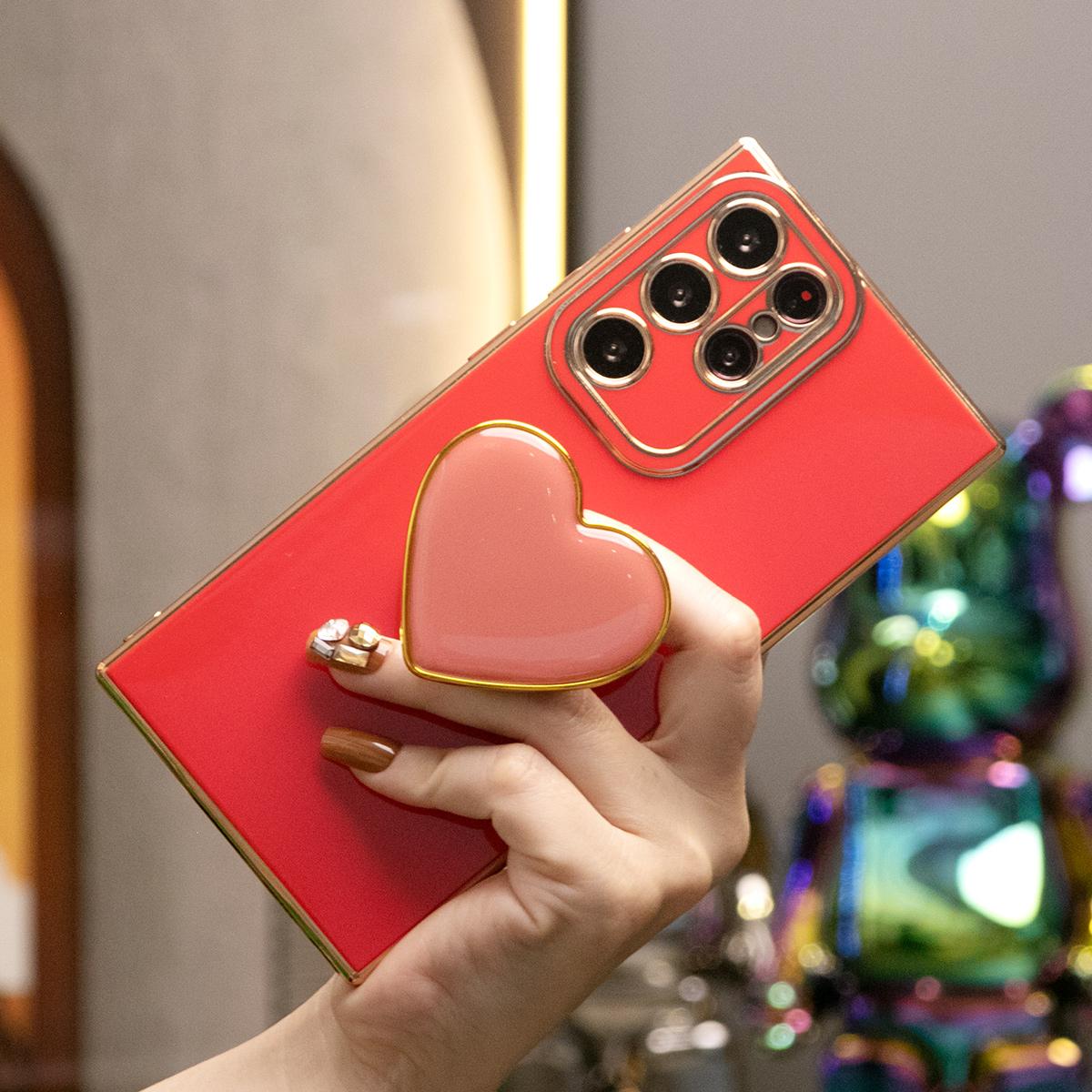 Love Heart Kickstand Plating Soft Camera Protector Phone Case For Samsung S25 S24 S23 S22 S21 A16 A15 A25 A35 A55