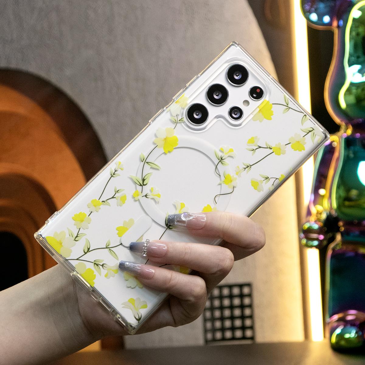 For Samsung S24 S23 S22 S21 Note20 Ultra Case, Clear Flower Magnetic, Glitter Luxury Elegant Case Camera Protection Shockproof Hard Cover