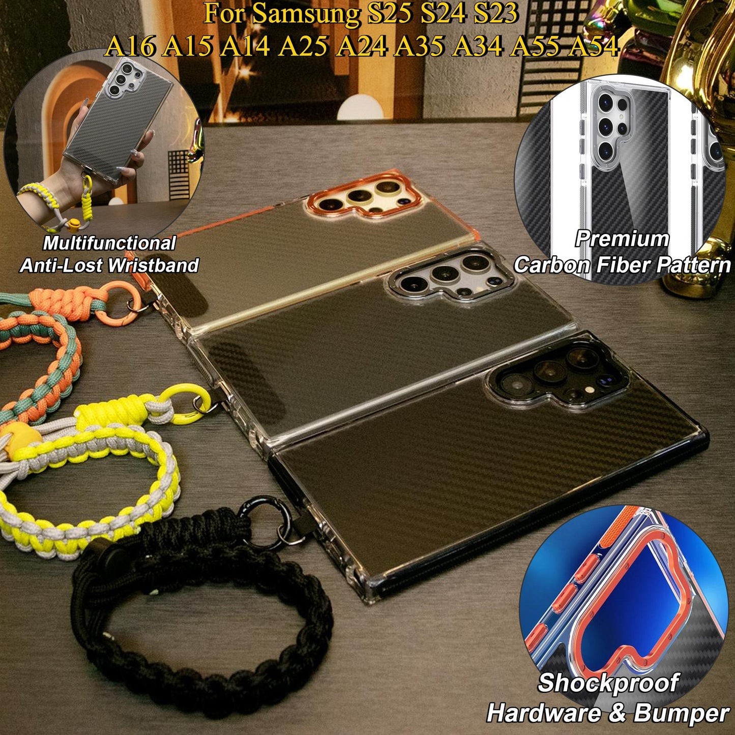 Carbon Fiber Pattern Phone Case, Metal Hardware Camera Protective Acrylic Cover, Adjustable Woven Strap, Shockproof Anti-Fall Bumper For Samsung S25 S24 S23 S21FE A14 A15 A24 A25 A35 A54 A55 A05