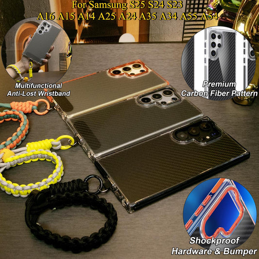 Carbon Fiber Pattern Phone Case, Metal Hardware Camera Protective Acrylic Cover, Adjustable Woven Strap, Shockproof Anti-Fall Bumper For Samsung S25 S24 S23 S21FE A14 A15 A24 A25 A35 A54 A55 A05
