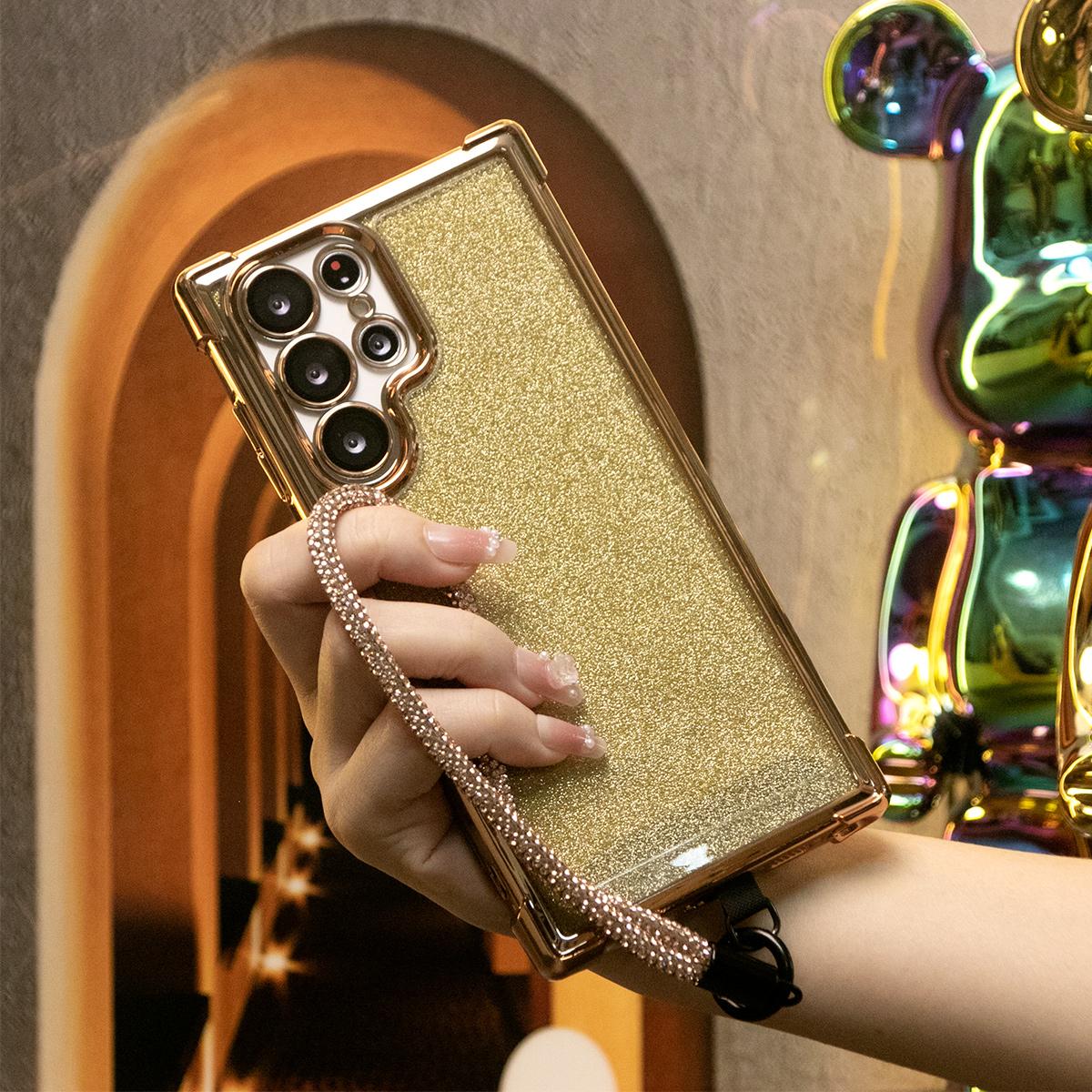 Luxury Glitter Plating Shockproof Clear Case With Rhinestone Wristband for Samsung Galaxy S24 S23 S22 S21 FE Plus Ultra Transparent Hard Acrylic Hybrid Bumper Armor Cover