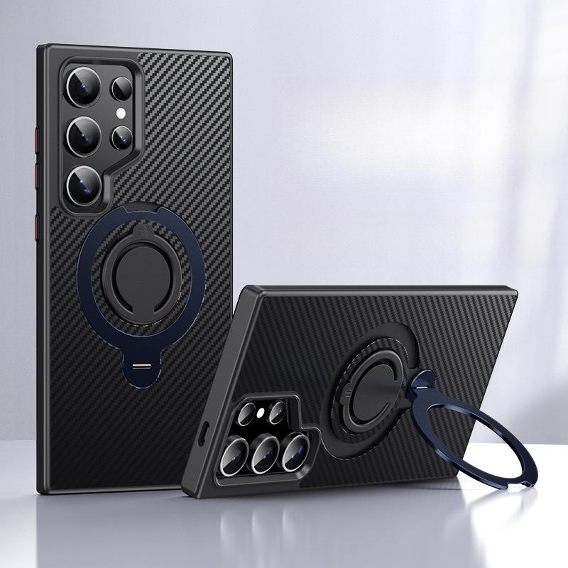 Carbon Fiber Pattern Slim PC Business Strong Magnetic Phone Case with Metal Kickstand For Samsung S25Ultra S25+ S25 S24 S23 Skin Feel Bumper Shockproof Hard Full Cover