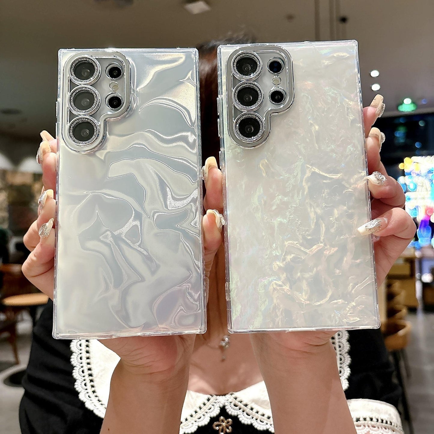 For Samsung S25Ultra S25 S24 S23 S22 Phone Case, Luxury Electroplating Laser Feathers Silk Pattern Acrylic Slim With Glitter Len Protector, Full Camera Protection Non-Yellowing Hard Cover