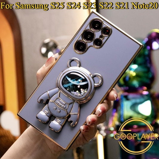 Quicksand Bear Stand Plating Phone Case For Samsung S25 S24 S23 S22 S21 Note20