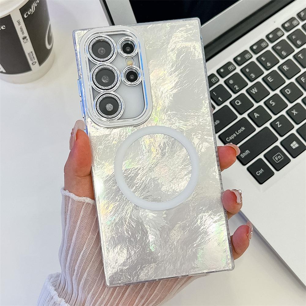 For Samsung S25 S24 S23 A16 A15 A25 A35 A36 A54 A55 A56 Phone Case, Electroplating Magnetic Laser Flow Silk Pattern Acrylic Slim With Glitter Len Protector, Protection Non-Yellowing Hard Cover