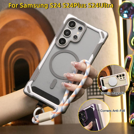 For Samsung S24 Ultra S24Plus S24 Case, Two-tone Magnetic Acrylic, Luxury Elegant Clear Case With Short Wristband Camera Protection Heavy Duty Protection Shockproof Hard Cover