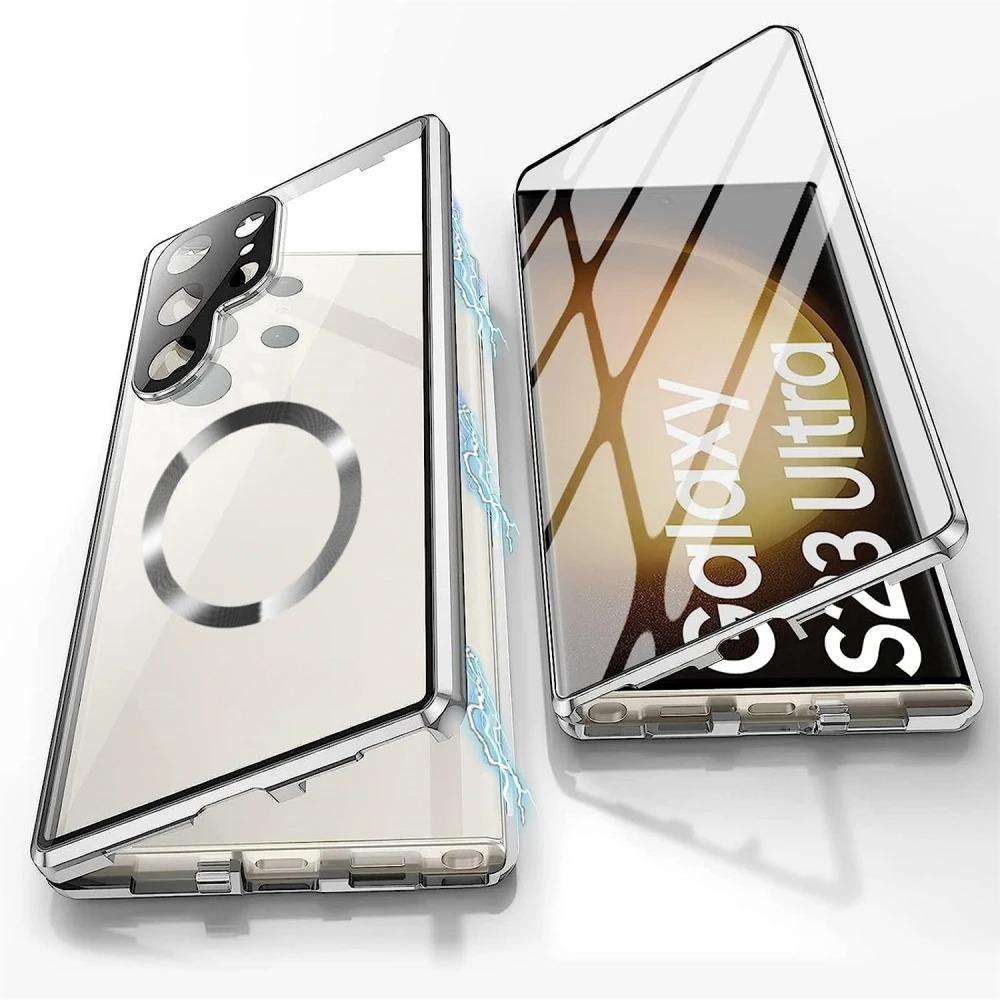 HD Clear Tempered Glass Front Acrylic Magnetic Ring Black Cover Double Sided Magnetic Phone Case for Samsung S25Ultra S25 S24 S23 S22 S21 Metal Frame Shockproof Full Case with Len Protection