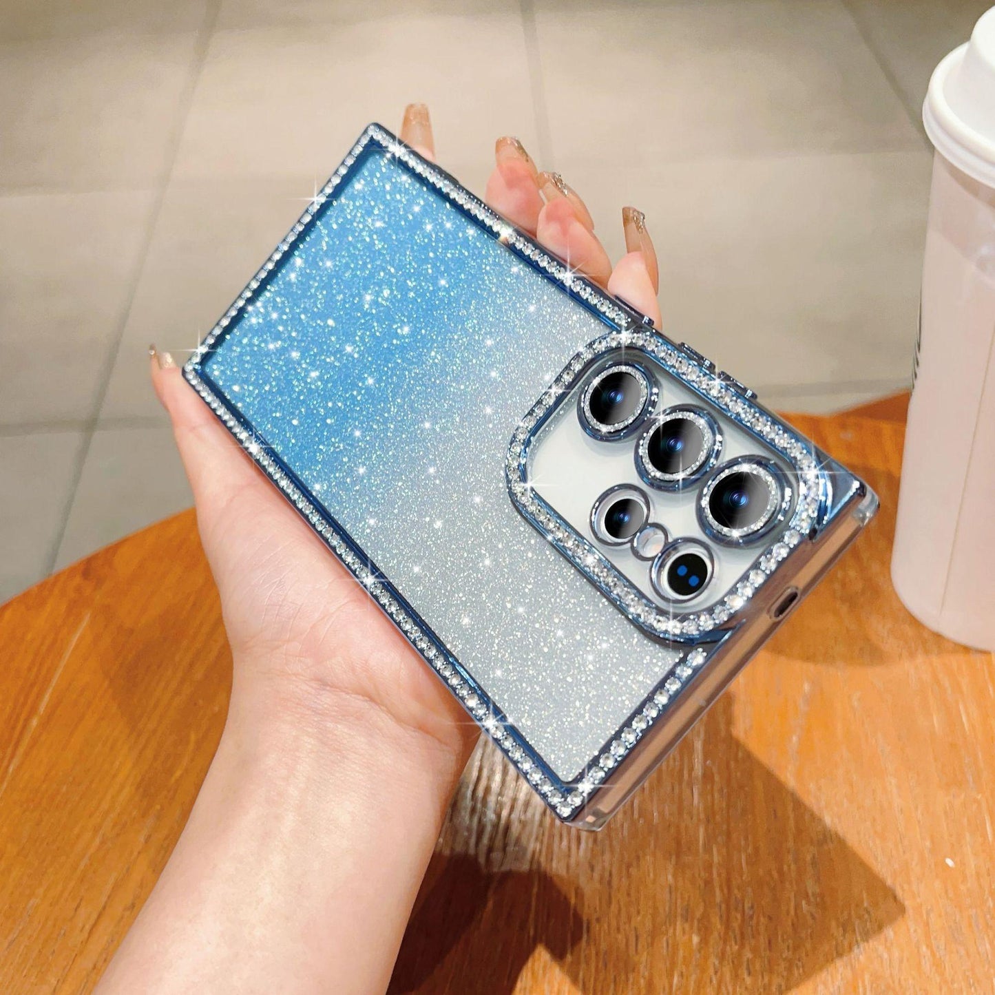 Glitter Rhinestone Clear TPU Square Phone Case with Len Protector For Samsung S25Ultra S25+ S24Ultra S24+ S24 Transparent Bumper Shockproof Soft Full Cover