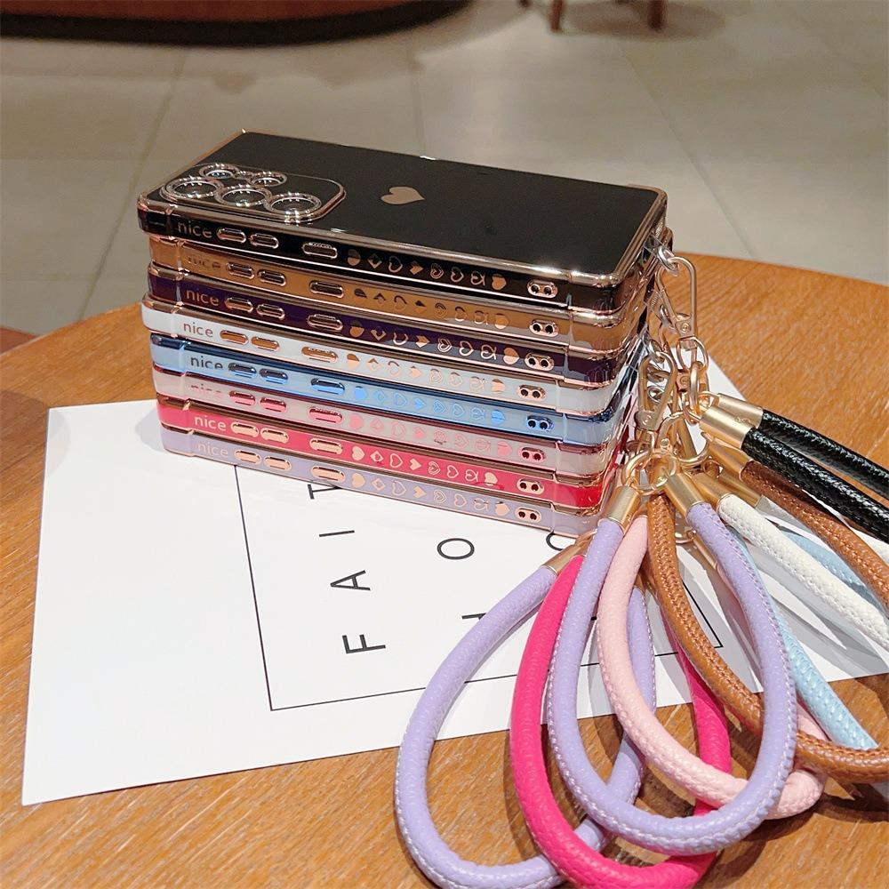 Plating Love Heart TPU Phone Case with Leather Wristband For Samsung S25Ultra S24 S23 S22 S21 Shockproof Soft Full Cover