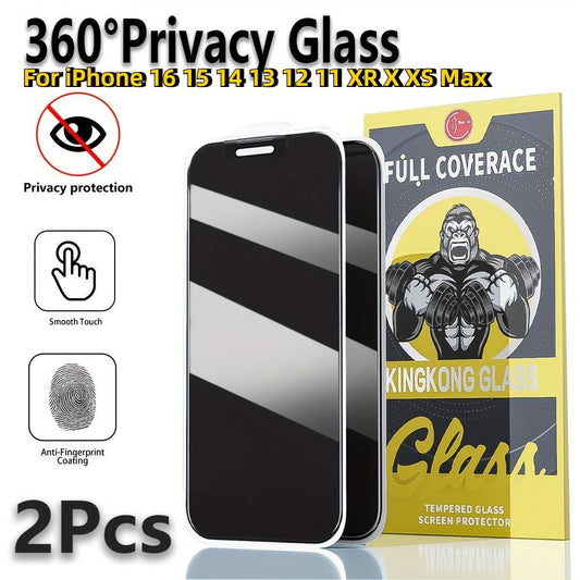 2 Pieces For iPhone 16 15 14 13 12 11 XR X XS Max Plus Pro Max, 360 Degree Anti-peeping Privacy Screen Protectors