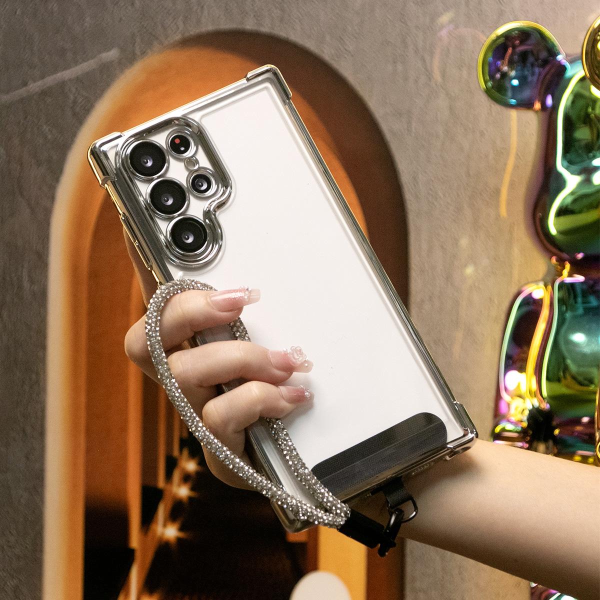 Electroplated Four Corners Anti-fall Transparent Hard PC Phone Case With Rhinestone Wristband For Samsung S24 Ultra S23FE S22 S22 Note20 Ultra , Full Cover with Camera Protector