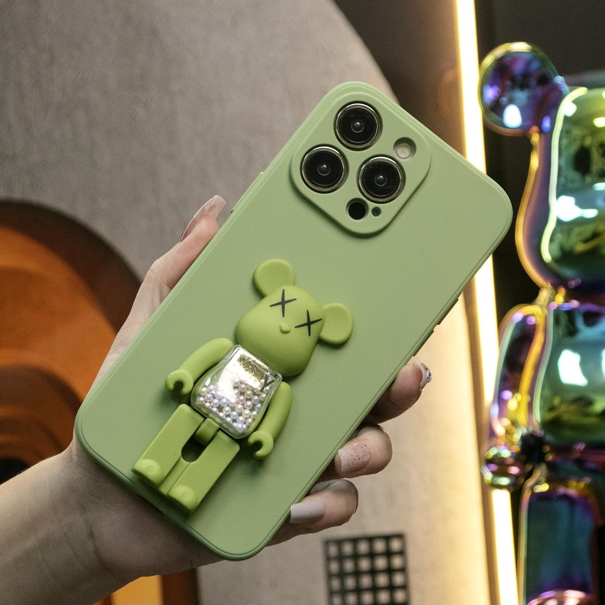 Imitation Liquid Silicone Matte Shockproof Frosted Candy Bear Stand Phone Case For iPhone 16 15 14 13 12 11 Plus Pro Max Camera Protect Soft Cover