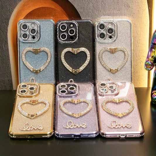 Glitter Diamond Crystal Love Heart Bracket Phone Case for iPhone 16 15 14 13 12 Pro Max