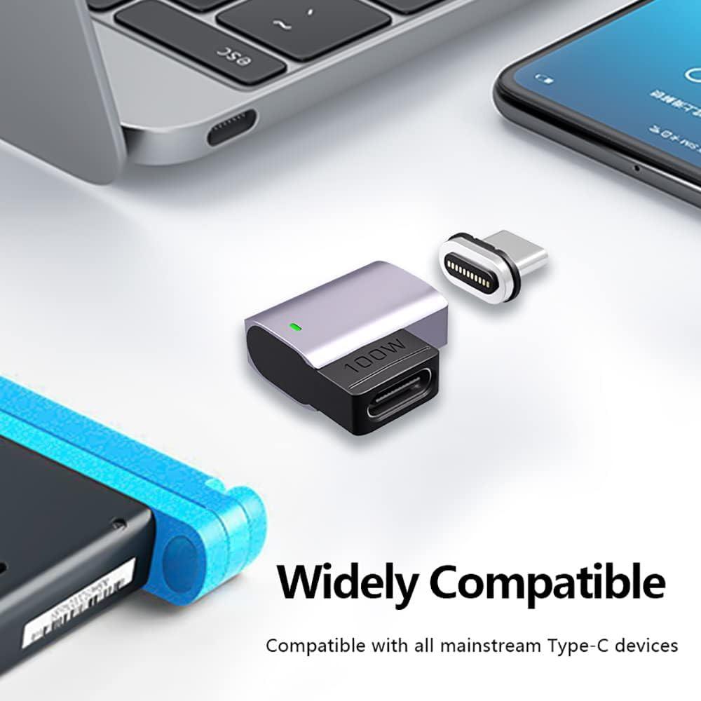 USB C Magnetic Adapter Right Angle, Magnetic USB C Adapter 100W Fast Charging 11Pins 480Mbps Data Transmission Compatible with MacBook Pro/Air For iPhone 16 15 For Samsung S25 S24 S23