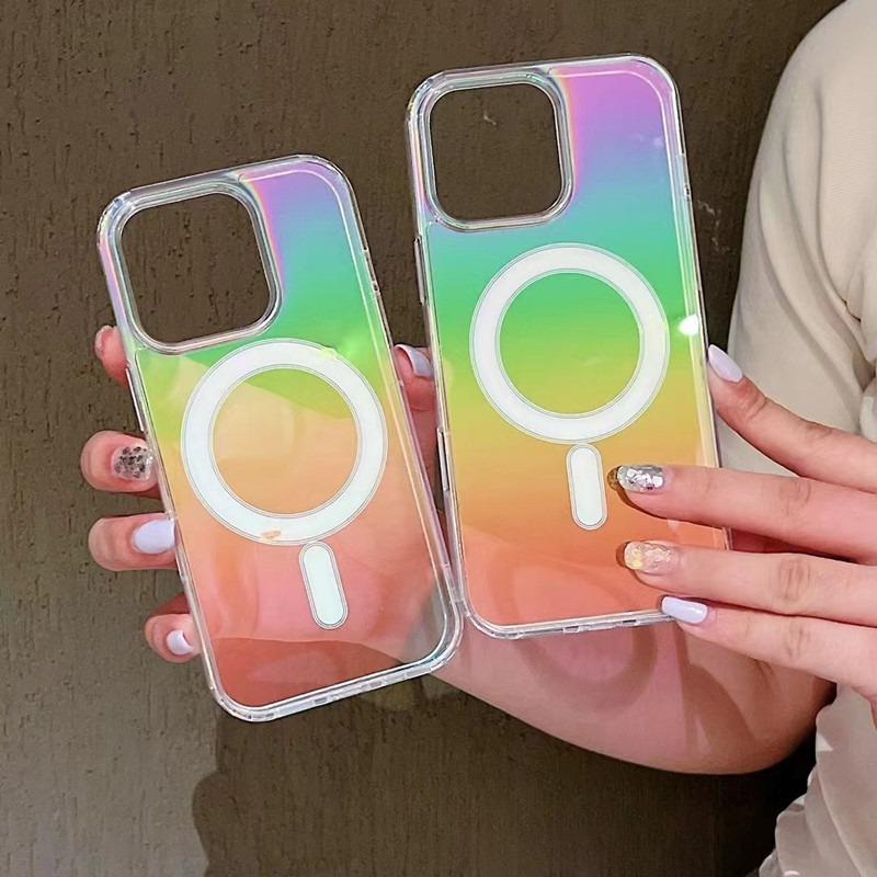 For iPhone 16 15 14 13 12 11 Pro Max Phone Case, Clear Laser Colorful Magnetic, Glitter Luxury Acrylic Elegant Case Camera Protection Shockproof for Magsafe Hard Full Cover
