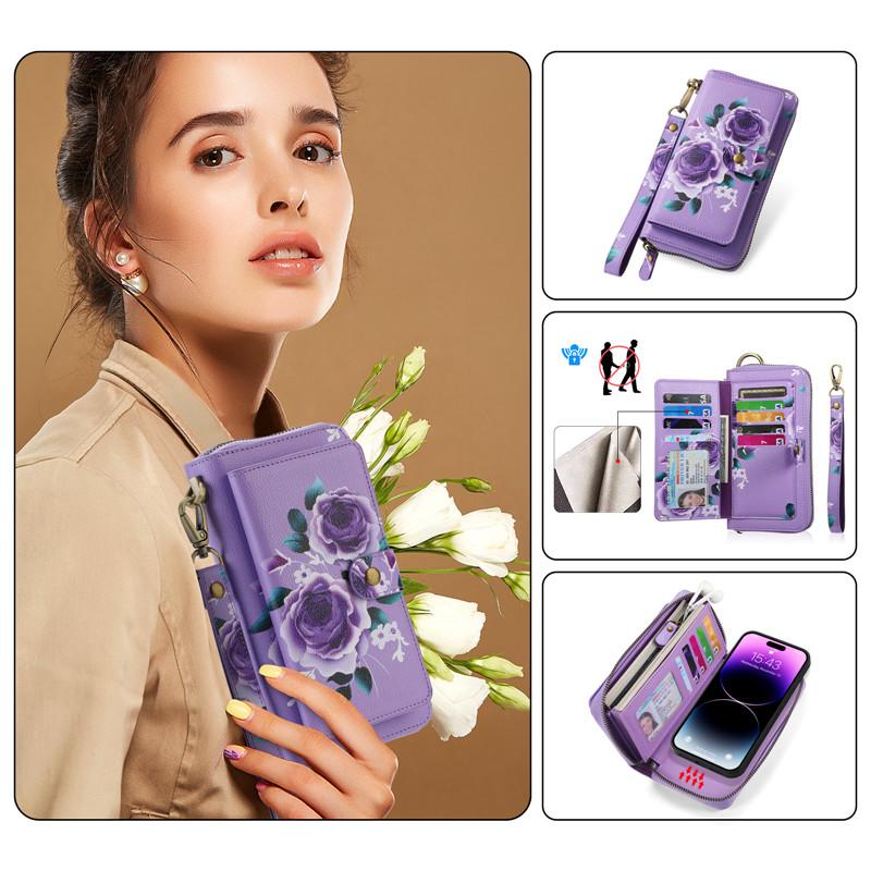 Flower Phone Case For iPhone 16 15 14 Plus 13 12 Pro MAX Multifunction Zipper Leather Magnetic Wallet Split Cover