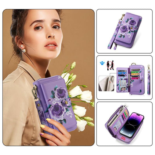 Flower Phone Case For iPhone 16 15 14 Plus 13 12 Pro MAX Multifunction Zipper Leather Magnetic Wallet Split Cover