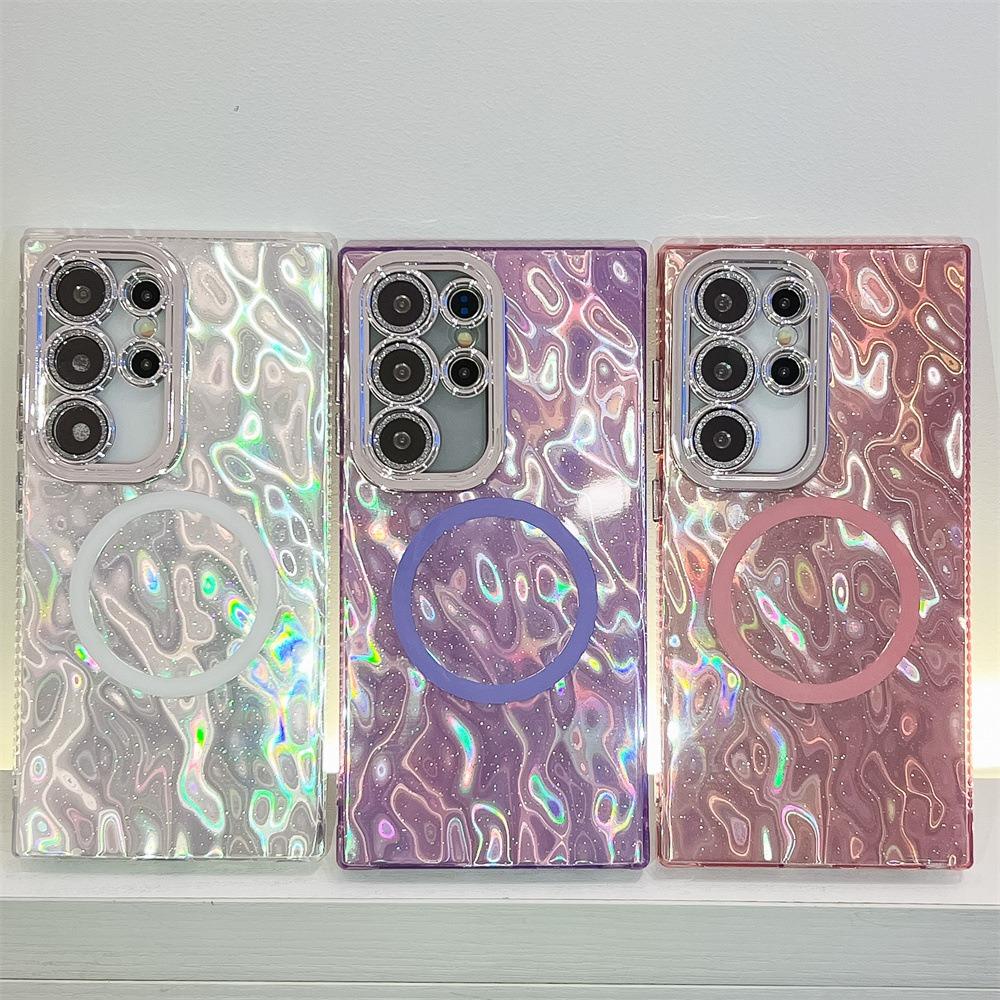 For Samsung S25 S24 S23 A16 A15 A25 A35 A36 A54 A55 A56 Phone Case, Electroplating Magnetic Laser Flow Silk Pattern Acrylic Slim With Glitter Len Protector, Protection Non-Yellowing Hard Cover