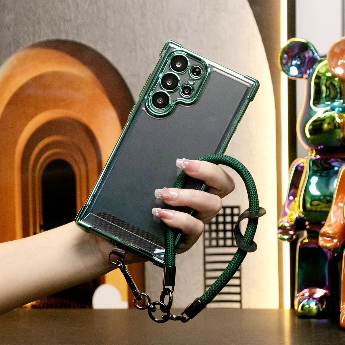 Electroplated Four Corners Anti-fall Transparent Hard PC Phone Case With Multifunctional Climbing Rope For Samsung S25Ultra S25 S24FE S24Ultra S24 S23FE S23 S22Ultra, Full Cover with Camera Protector