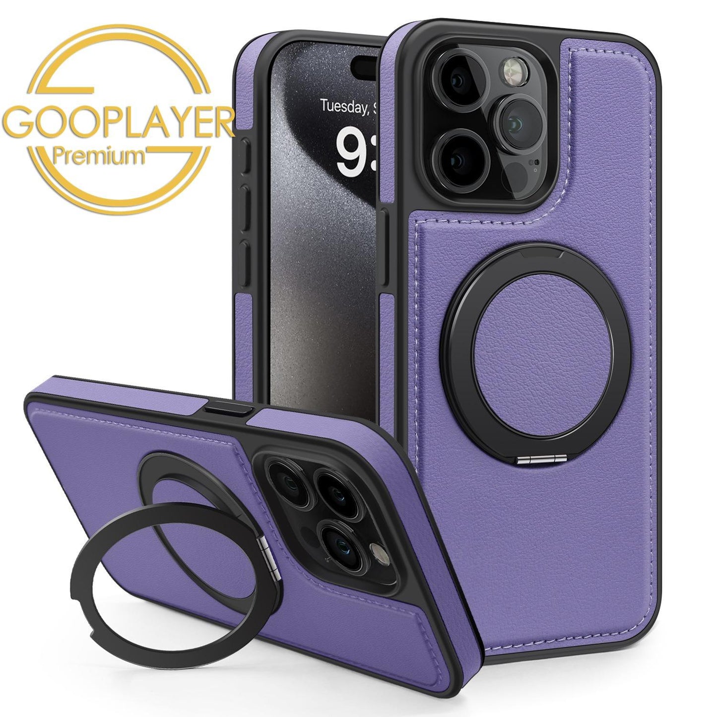 For iPhone 16 15 14 13 Pro Max Phone Case, Luxury Full Leather Case For Magsafe Support Wireless Charging Rotate Metal Magnetic Kickstand Back Hard Full Cover