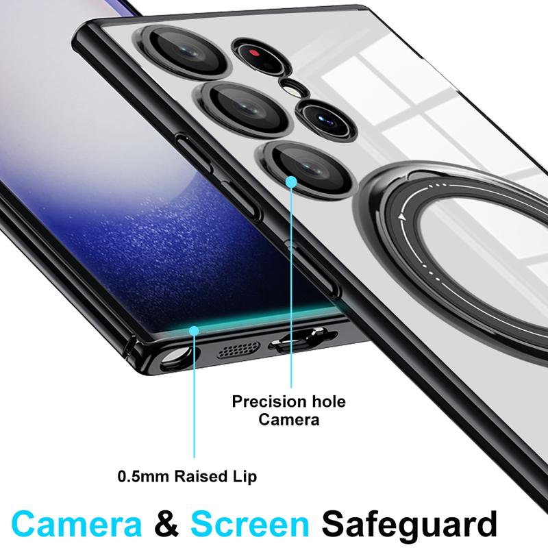 Clear Magnetic Kickstand Transparent Ring Case For Samsung S24 S23 S22 Ultra A54 A34 A14 with Lens Cover