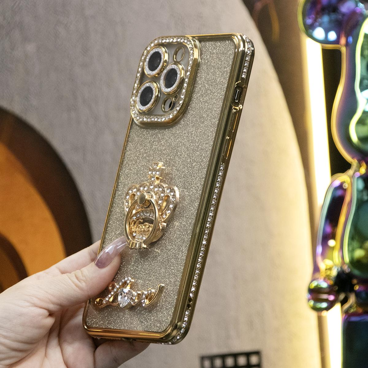 Plating Glitter Diamond Crown Ring Kickstand Phone Case For iPhone 16 15 14 13 12 11 Pro Max