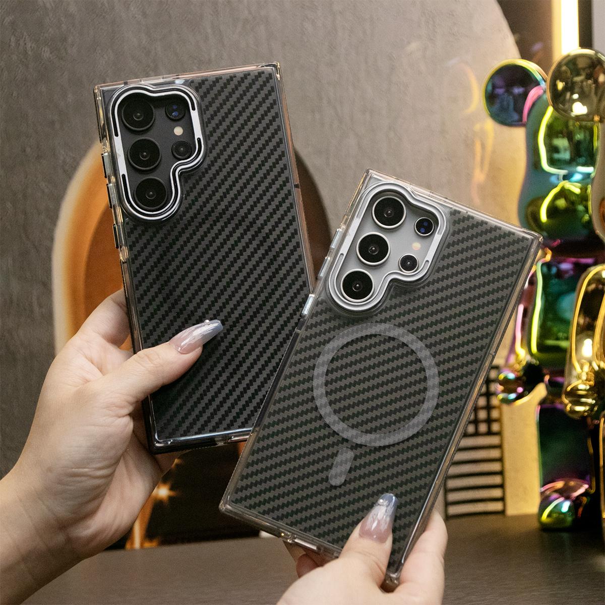Strong Magnetic Carbon Fiber Pattern Phone Case, Metal Hardware Camera Lens Kickstand Acrylic Cover, With Shockproof Anti-Fall Bumper For Samsung S25 S24 S23 S21FE A14 A15 A24 A25 A35 A54 A55