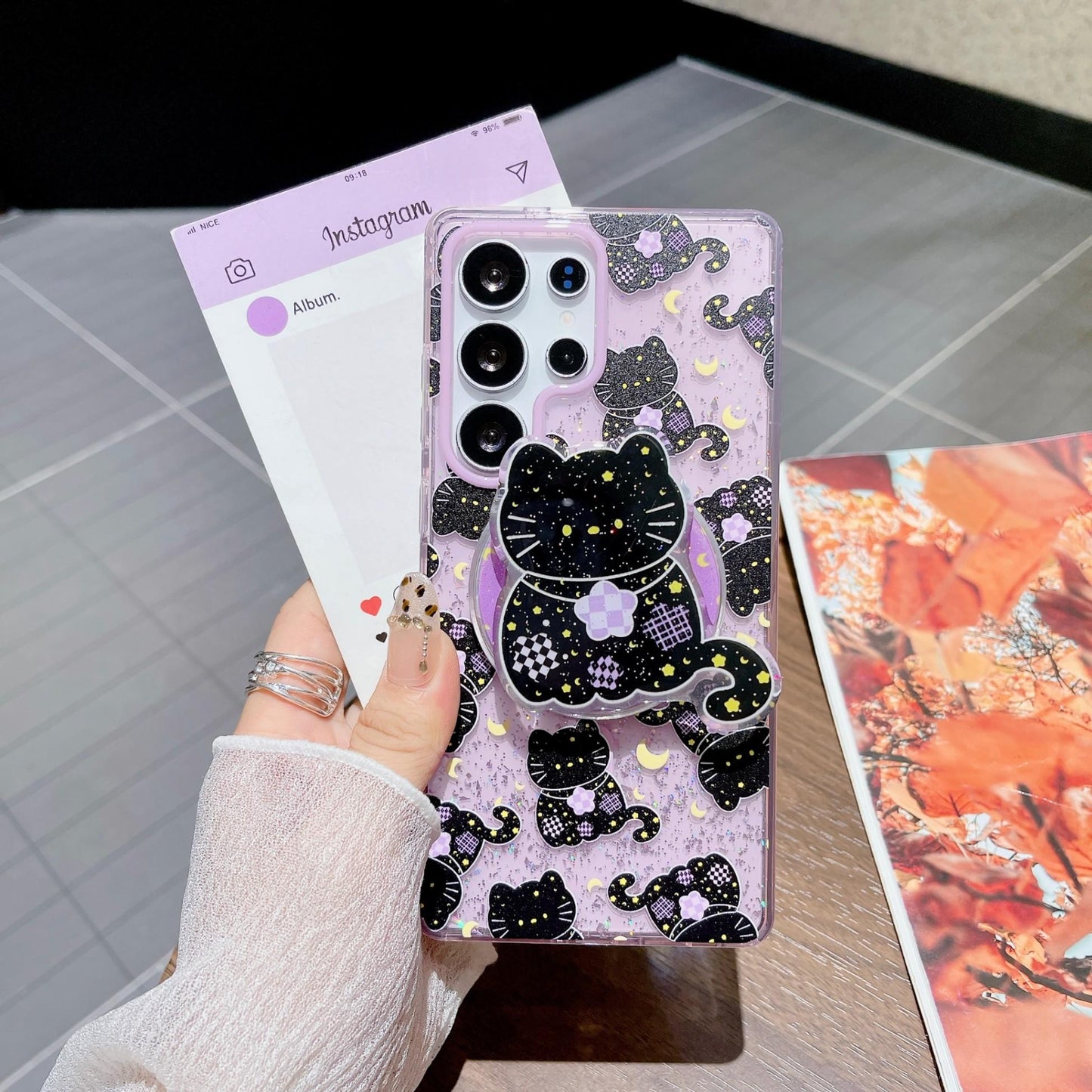 Cute Cartoon Moon Cat Magnetic Phone Case for Samsung S25 S24 S23 Ultra FE Plus Glitter Back Cover for Women Girls with Magnetic Stand