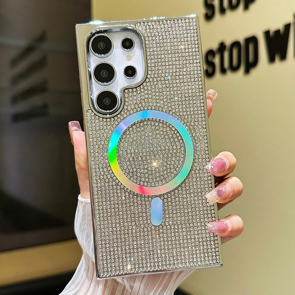Luxury Glitter Rhinestone Plating Diamonds Magnetic Wireless Charging Phone Case For Samsung S24 S23 Ultra Shockproof Protection Soft Bumper Cover