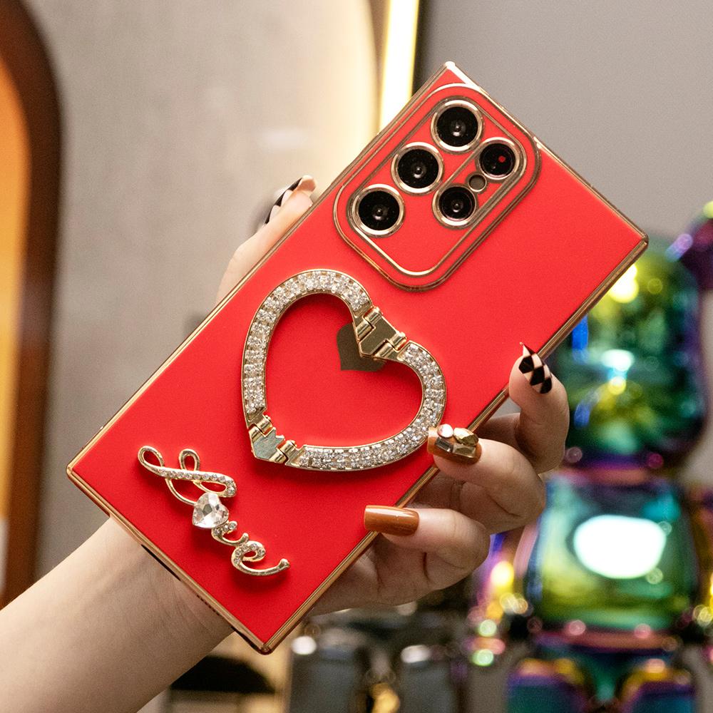Luxury Rhinestone Love Heart Holder Plating Phone Case For Samsung S25 S24 S23 S22 S21 A16 A15 A25 A35 A55