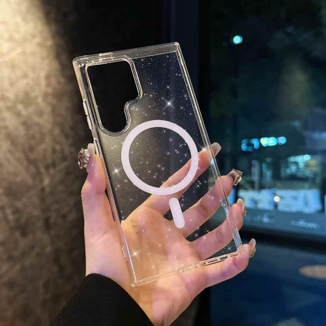 Glitter Star Strong Magnetic HD Transparent PC Slim Phone Case For Samsung S25Ultra S25 S24 S23 S22 Shockproof Hard Full Cover