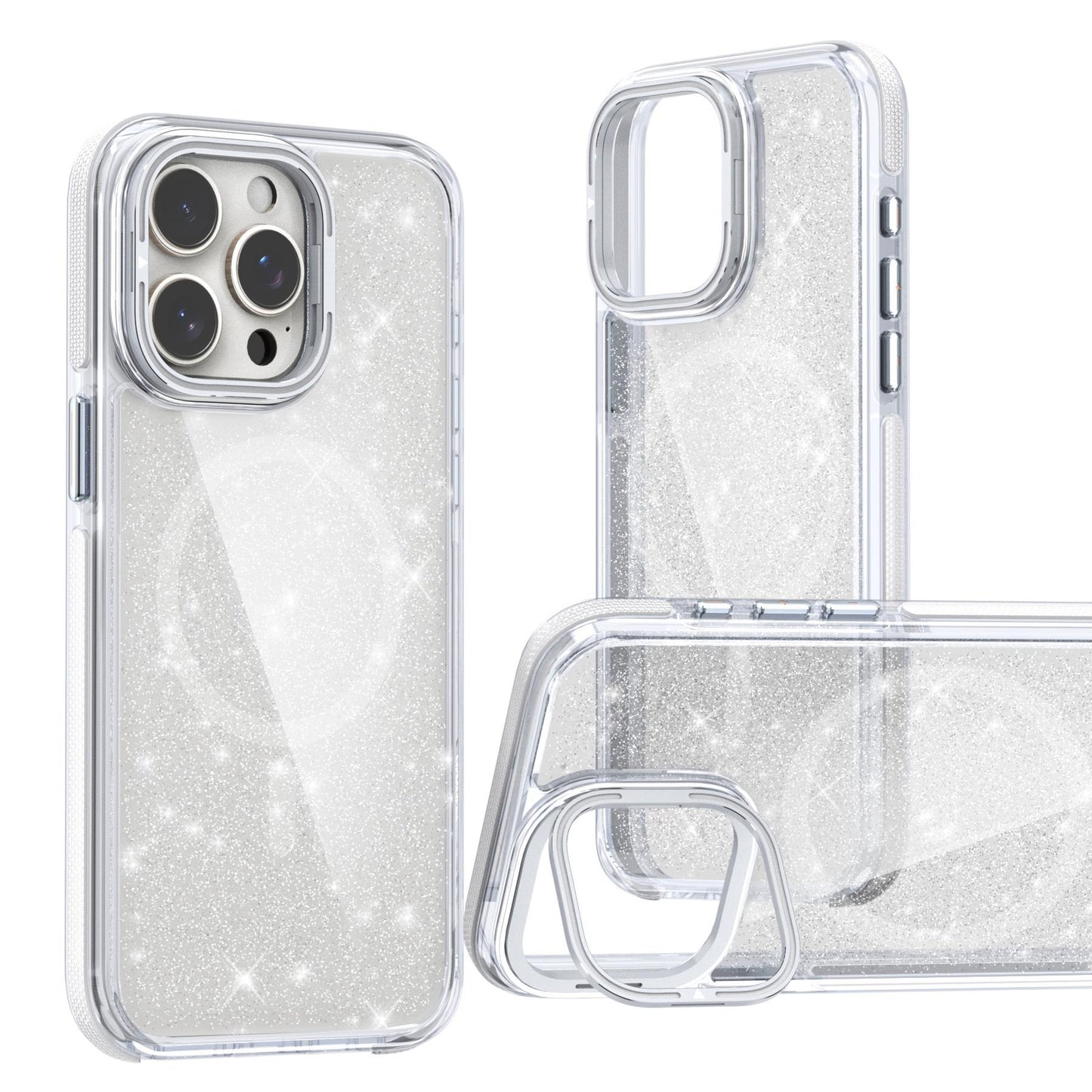 Dual Color Magnetic For Magsafe Wireless Charging Case With Glitter Powder For iPhone 16 15 14 13 12 11 Pro Max Plus Metal Hardware Camera Lens Stand Acrylic Hard Cover