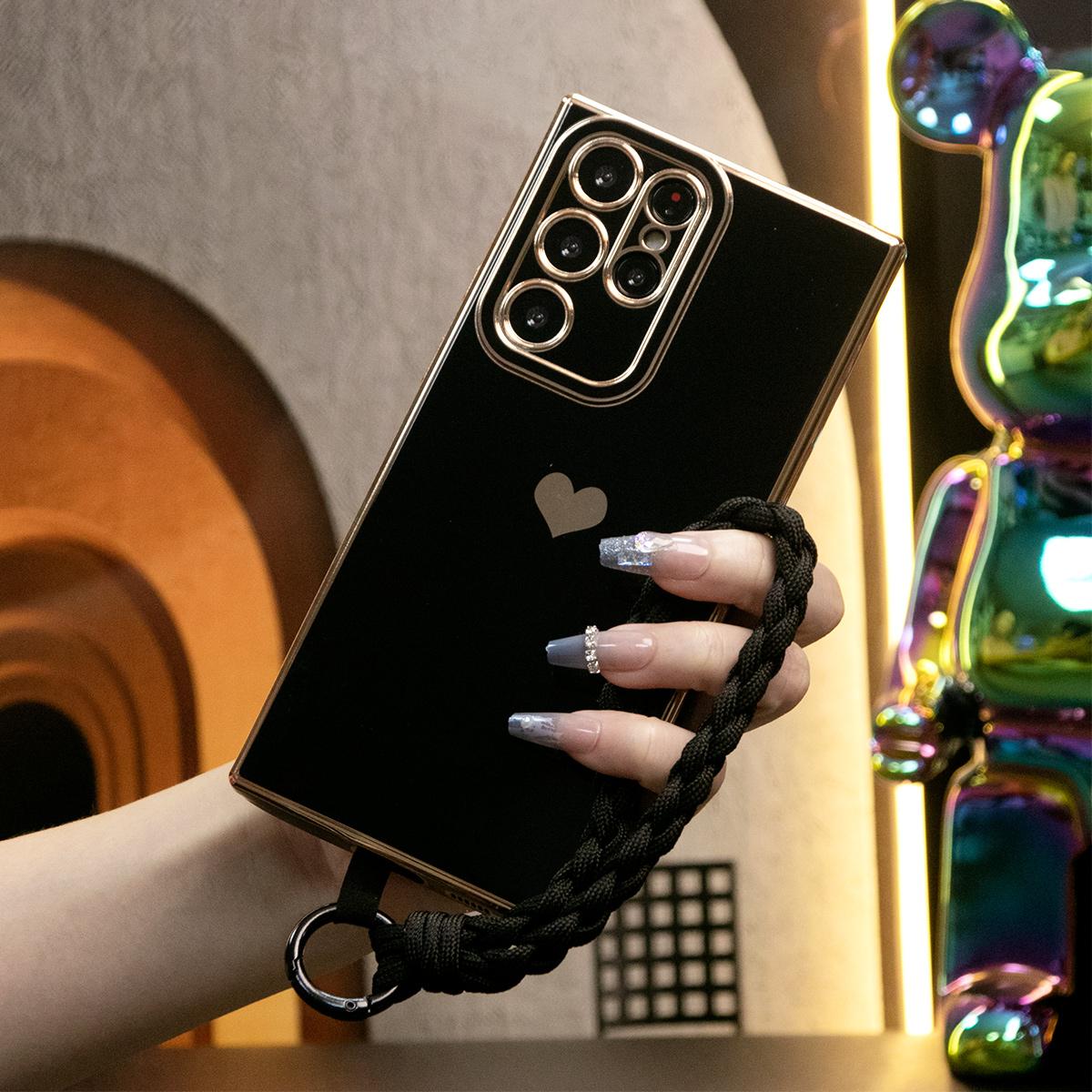 Luxury Love Heart Side Pattern Phone Case With Woven Wristband For Samsung S24 S23 S22 S21 FE Plus Ultra A13 A14 A15 A23 A24 A34 A35 A52