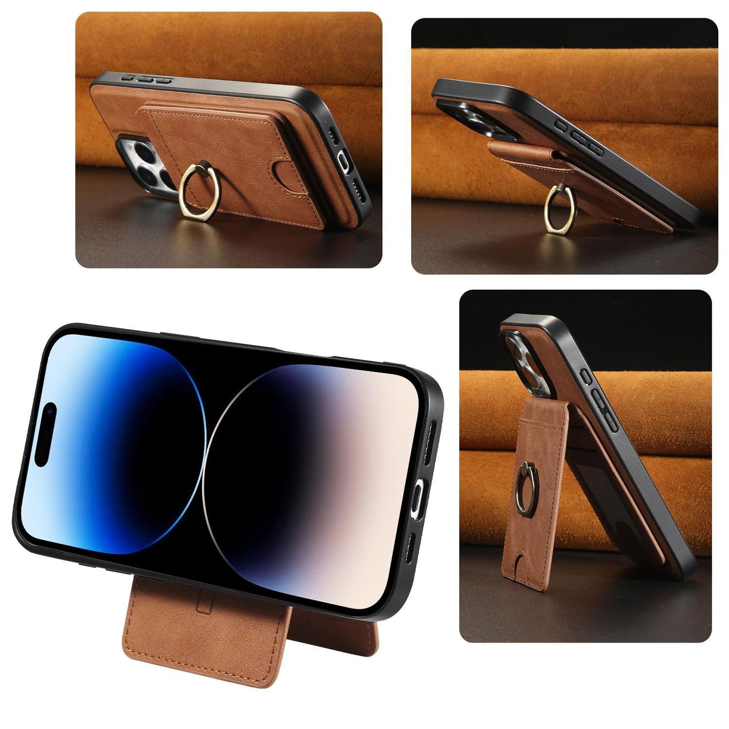 For iPhone 16ProMax 16 15 14 13 12 Leather Phone Case with Strong Magnetic Wallet Ring Stand, Anti-Fall Card Bag Kickstand for Magsafe Shockproof Business Hard Full Cover