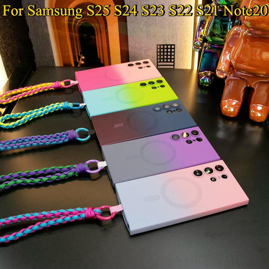 Gradient Color Magnetic Wireless Charge Matte Case with Woven Wristband For Samsung S25 S24 S23 S22 S21 Note20 Wireless Charging Soft Bumper Cover