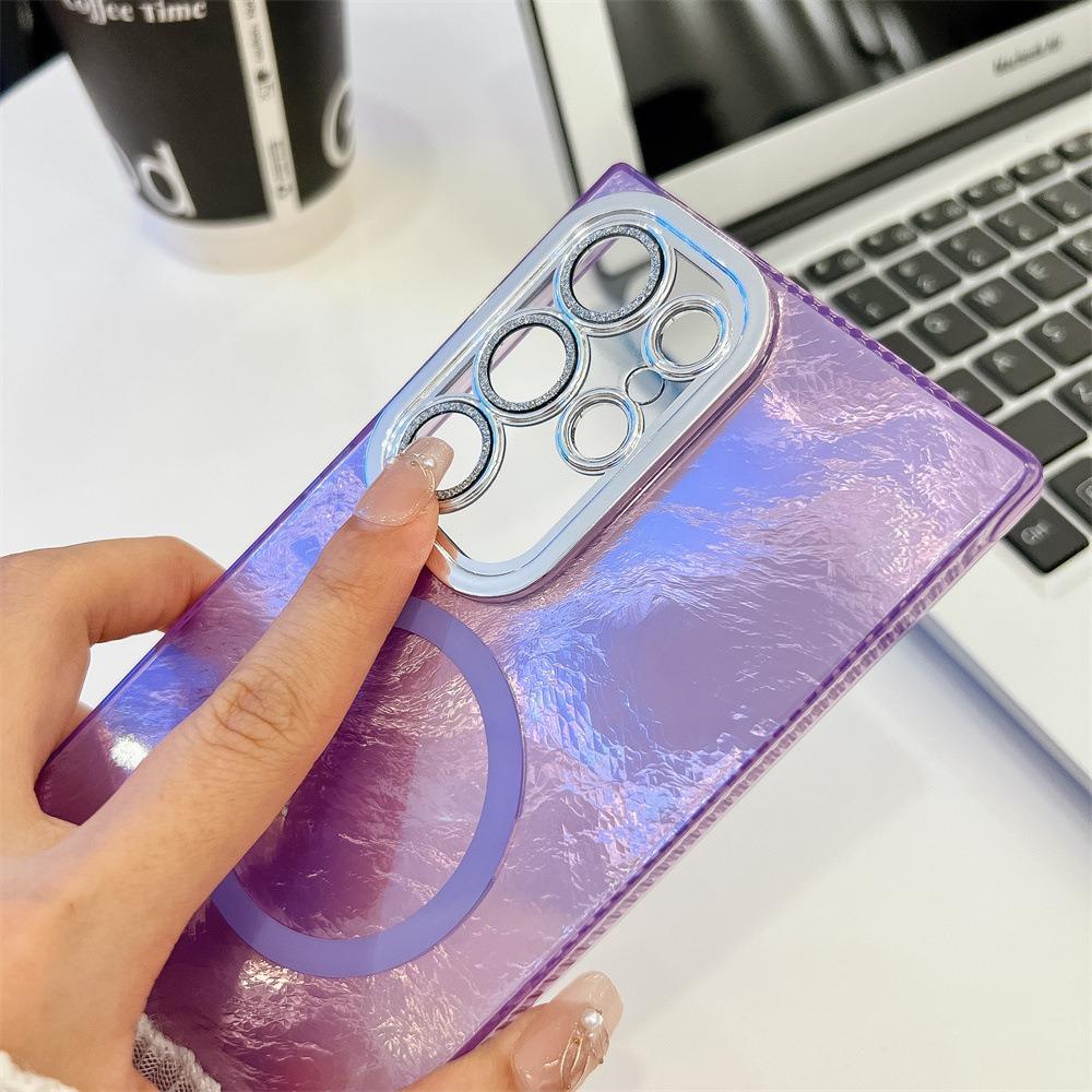 For Samsung S25 S24 S23 A16 A15 A25 A35 A36 A54 A55 A56 Phone Case, Electroplating Magnetic Laser Flow Silk Pattern Acrylic Slim With Glitter Len Protector, Protection Non-Yellowing Hard Cover