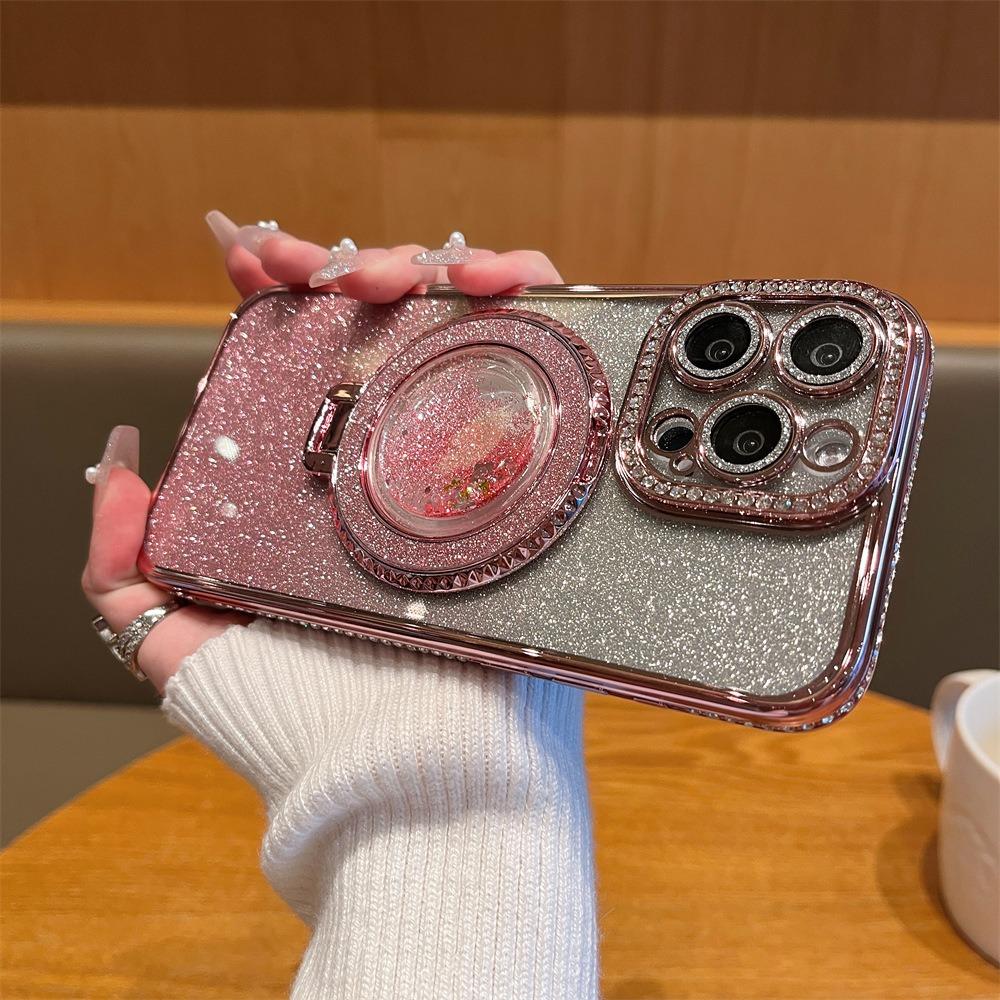 Glitter Gradient Plating Rhinestone TPU Phone Case with Quicksand Kickstand For iPhone 16ProMax 15 14 13 12 Shockproof Soft Full Cover
