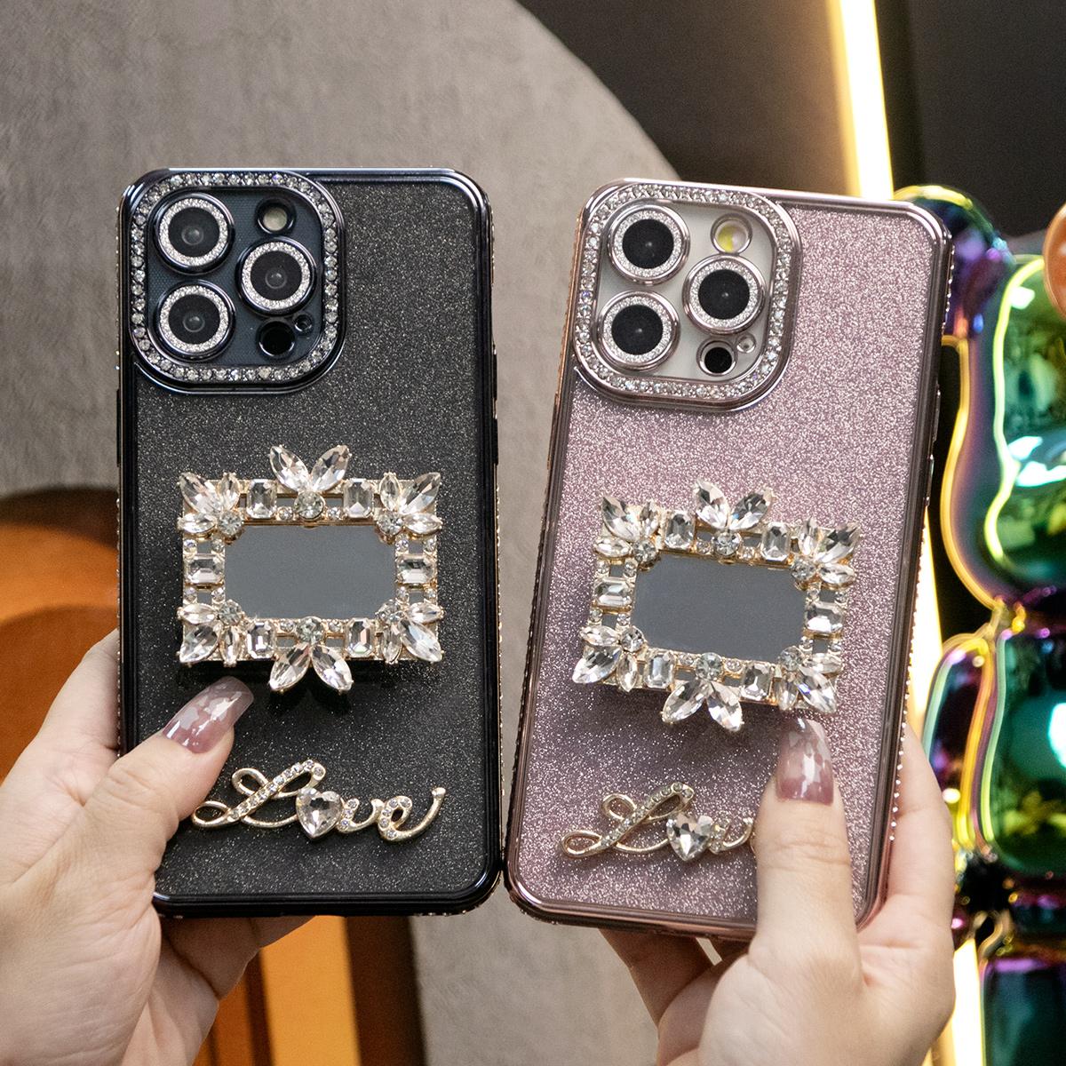 Plating Glitter Diamond Rhinestone Mirror Kickstand Love Phone Case For iPhone 16 15 14 13 12 11 Pro Max