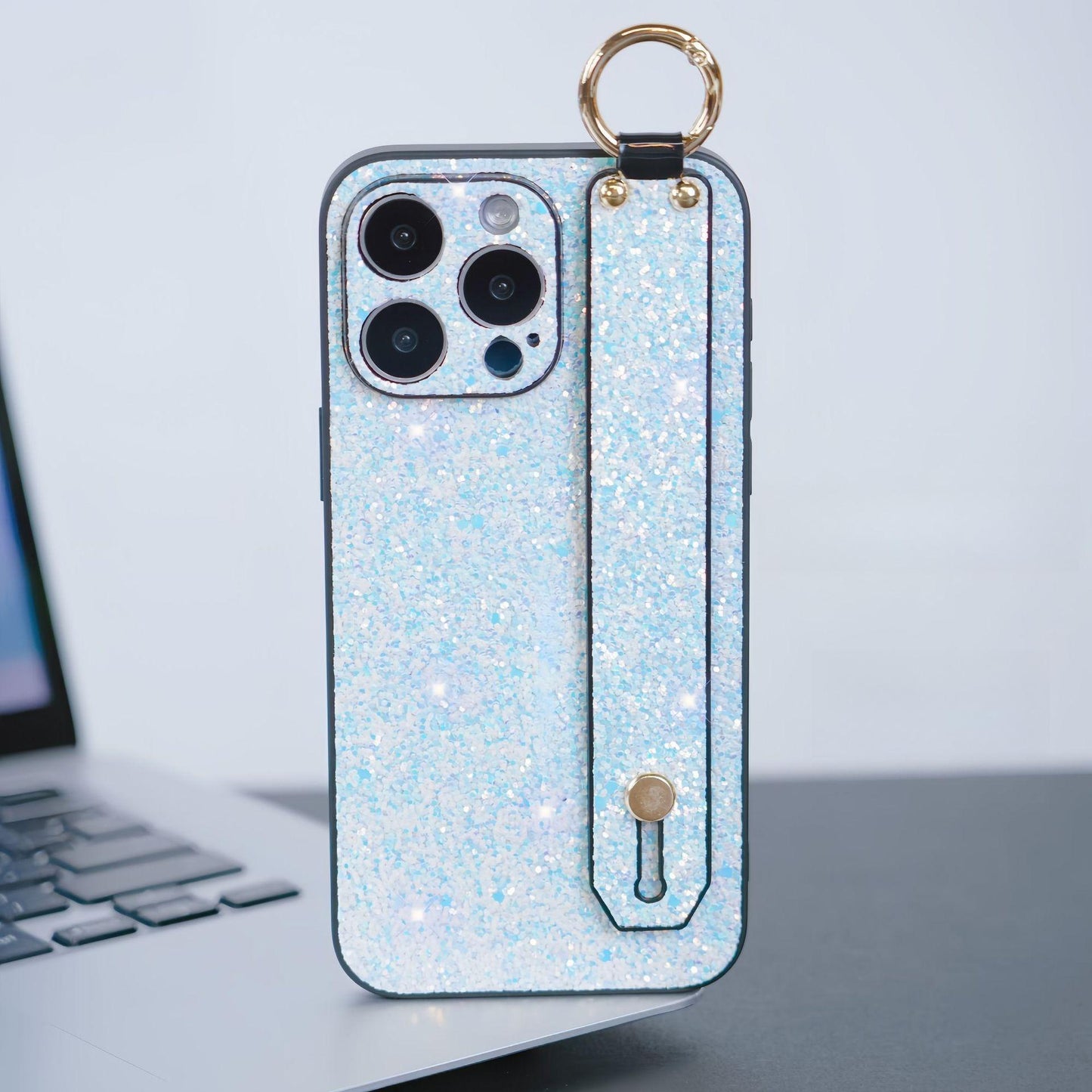 For iPhone 16ProMax 16 15 14 13 12 11 Case With Wristband, Luxury Glitter Durable Faux Leather Kickstand Shockproof Phone Case