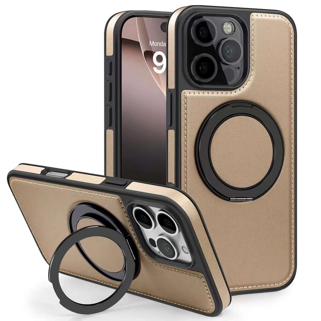 For iPhone 16 15 14 13 Pro Max Phone Case, Luxury Full Leather Case For Magsafe Support Wireless Charging Rotate Metal Magnetic Kickstand Back Hard Full Cover