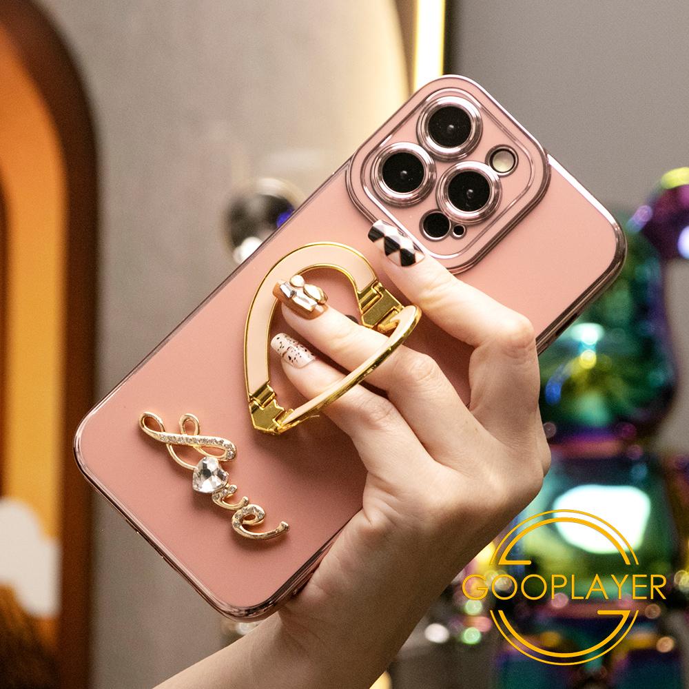 For iPhone 16 15 14 13 12 11 Pro Max, Luxury Love Heart Kickstand Holder Plating Soft Camera Protector Phone Case
