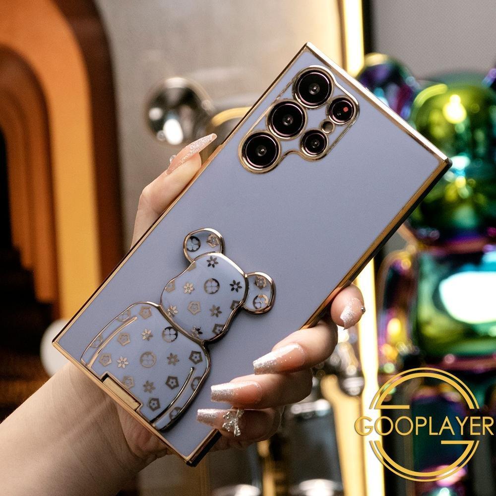 Plating Flower Bear Stand Phone Case for Samsung Galaxy S25Ultra S24 S25 Plus FE Soft TPU Back Cover