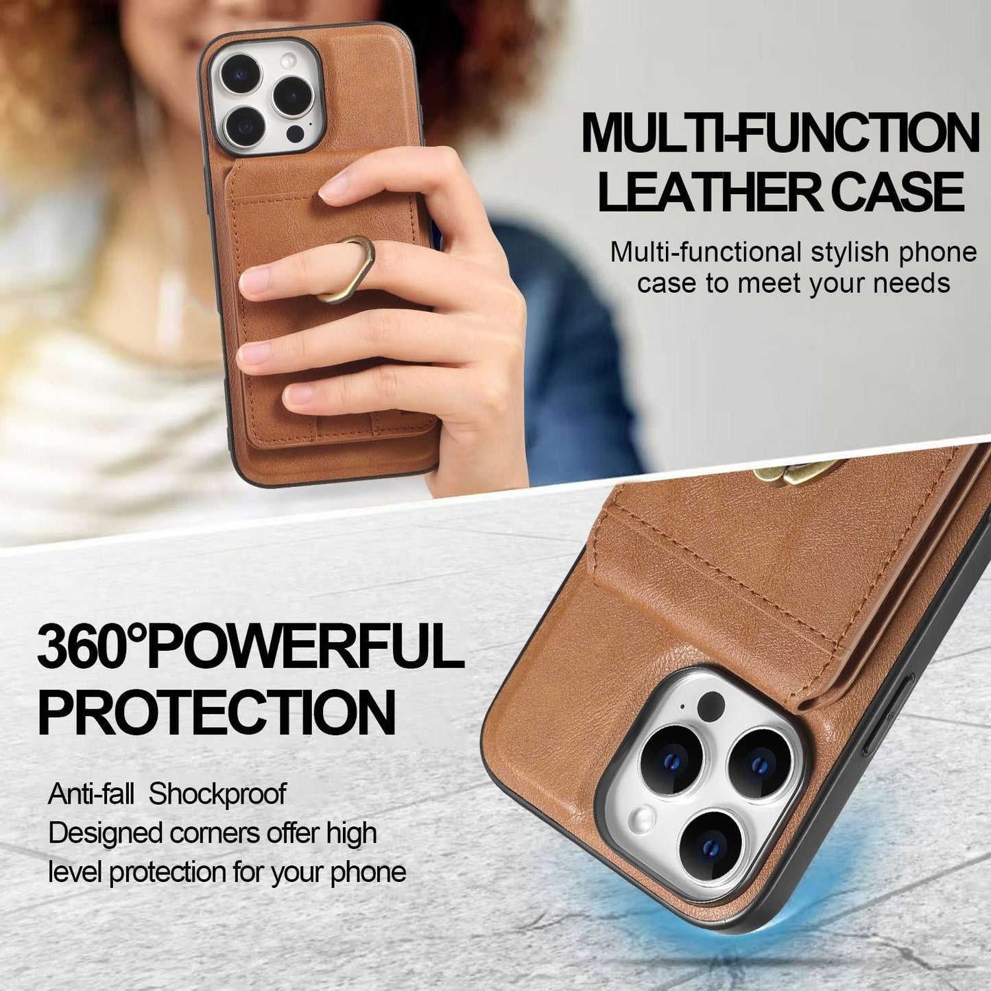 For iPhone 16ProMax 16 15 14 13 12 Leather Phone Case with Strong Magnetic Wallet Ring Stand, Anti-Fall Card Bag Kickstand for Magsafe Shockproof Business Hard Full Cover