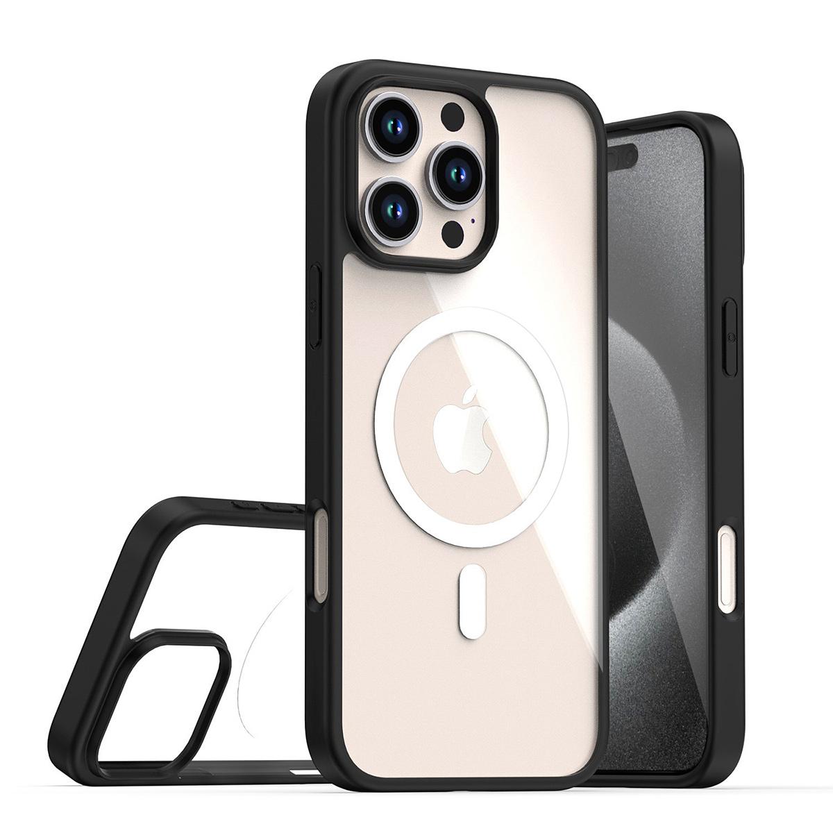 Transparent Magnetic Shockproof Hard Phone Case For iPhone 16 15 14 Pro Max Black Silicone Edges Clear Acrylic Cover