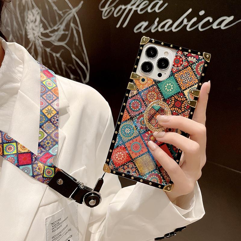 Luxury Glitter Vintage Flower Case for iPhone 16ProMax 16 15 14 13 12 11 Plus Pro Max Fashion Geometric Square Case Back Cover
